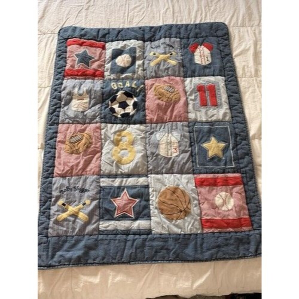 Baby/Toddler Sports Theme Quilted Crib Quilt, Blue Red White Nursery Bedding